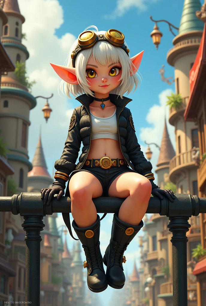 Create a cartoon style character, an adult albino female elf, with wide hips and thighs, small breasts, yellow eyes, freckles, white hair, short. She wears a black jacket with gold details, a white crop top, black short shorts, gloves and black boots with gold details. Her clothes have a subtle steamponk style. She wears seamponk style welding goggles on her head. She sits on top of a fence, the background is a town mixing steamponk, medieval, and current era styles, with a mischievous look and a small smile. Angle from below, view from below
