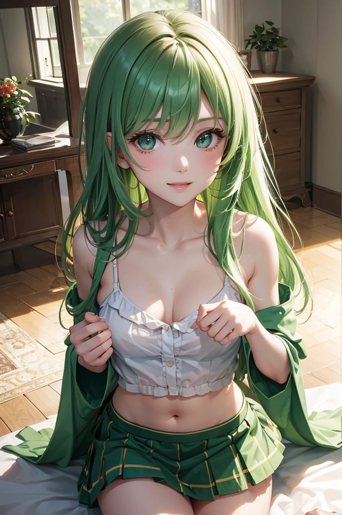 Best Quality,High resolution,8k,finelity detailed background,Masterpiece:1.2),beautiful girl,Shiny green hair,messy hair,Green Eyes,Gentle look,A refreshing look,smile,Best quality,Best Quality,Aesthetic and aesthetic:1.2,Best details((Super detailed))(High-definition CG illustrations),frilled shirt,mini skirt,Slender body,Inside the room,smile,blush,cute,Scrounge,Looking up,Being spoiled,super model