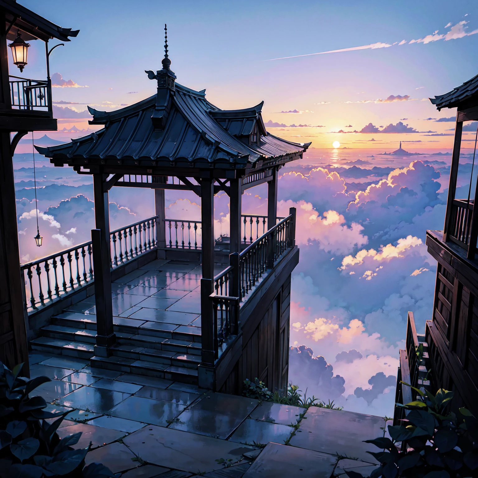 The only structure present in the painting is a simple staircase made of iron. There is no land. There are no walls. The background is nothing but stairs and clouds. A girl with long violet-purple hair. A kind, full smile. Pointy elf ears. Her clothes are simple: a black robe with wide sleeves and a black miniskirt. Her knees are showing. There is a V-shaped white insert in the front, like a kimono. A witch's hat with purple ribbons on each side. Black boots. Background, bright painting, Makoto Shinkai, only endless stairs, stairs above clouds, illustration, nostalgic, vivid, bright, sunset. A maze of connected stairs. A labyrinth of stairs. Not touching land. A simple iron staircase. Decaying old staircase.