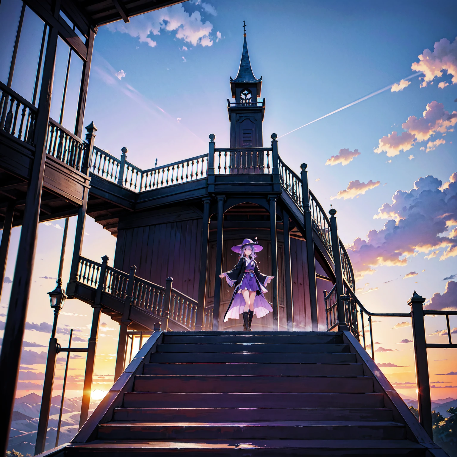The only structure present in the painting is a simple staircase made of iron. There is no land. There are no walls. The background is nothing but stairs and clouds. A girl with long violet-purple hair. A kind, full smile. Pointy elf ears. Her clothes are simple: a black robe with wide sleeves and a black miniskirt. Her knees are showing. There is a V-shaped white insert in the front, like a kimono. A witch's hat with purple ribbons on each side. Black boots. Background, bright painting, Makoto Shinkai, only endless stairs, stairs above clouds, illustration, nostalgic, vivid, bright, sunset. A maze of connected stairs. A labyrinth of stairs. Not touching land. A simple iron staircase. Decaying old staircase.