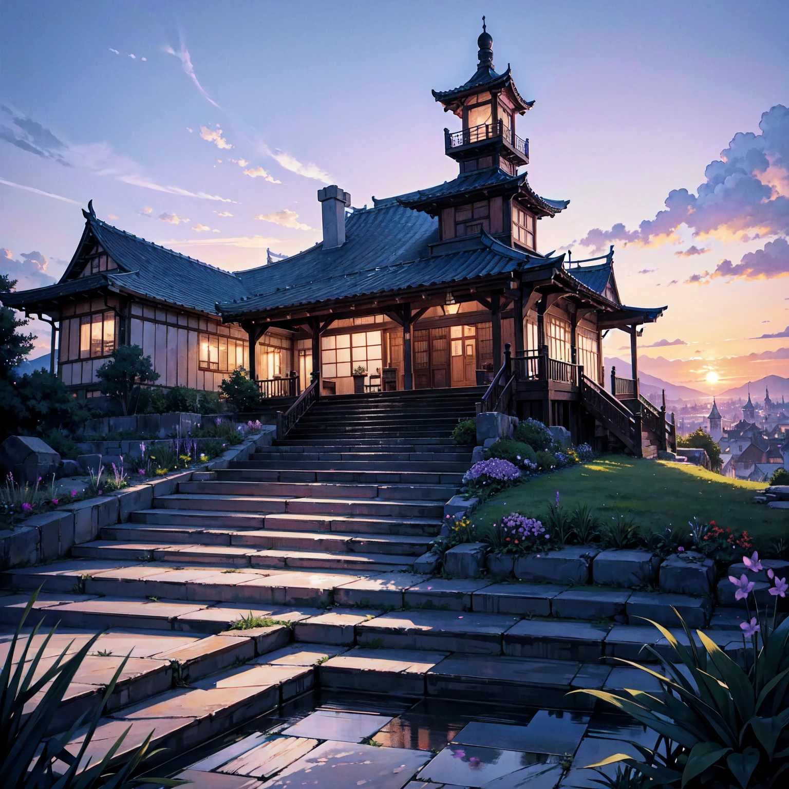 The only structure present in the painting is a simple staircase made of iron. There is no land. There are no walls. The background is nothing but stairs and clouds. A girl with long violet-purple hair. A kind, full smile. Pointy elf ears. Her clothes are simple: a black robe with wide sleeves and a black miniskirt. Her knees are showing. There is a V-shaped white insert in the front, like a kimono. A witch's hat with purple ribbons on each side. Black boots. Background, bright painting, Makoto Shinkai, only endless stairs, stairs above clouds, illustration, nostalgic, vivid, bright, sunset. A maze of connected stairs. A labyrinth of stairs. Not touching land. A simple iron staircase. Decaying old staircase.
