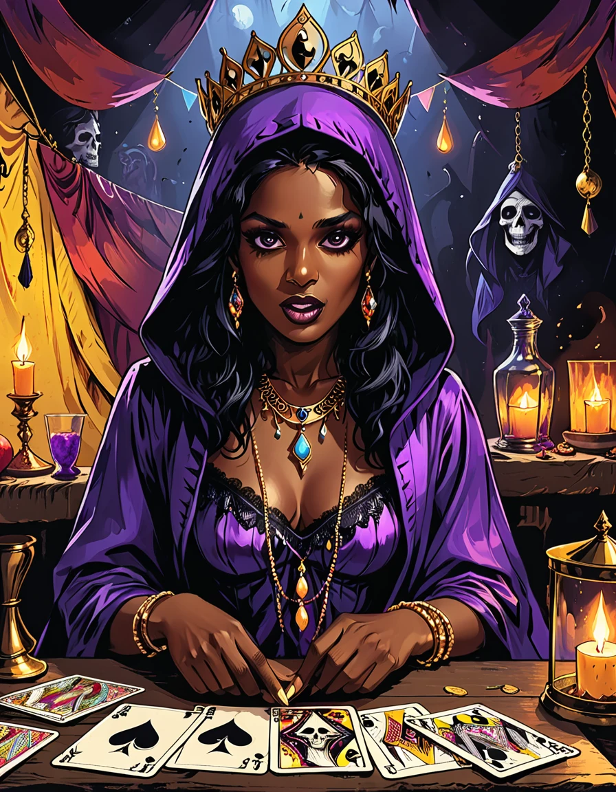 (open mouth), circus tent, Gypsy with taro cards with different images of the spirits sits by the table, black long Waves hair, black eyes, Fleshy nose, Thin nude Lips, dark makeup,(jewelry), ((tiara)), ((dark violet hood)), wearing intricate violet clothes, shawl, dark skin, mole under eye, gypsy dress, dark atmosphere, deep shadow, shadow, surprised, shocked, (taro cards with different images of the spirits sculls), tarot cards, furnishings of a magic tent for fortune telling, graphic style of novel comics, perfect hands, 2d, 8k, hyperrealism, masterpiece, high resolution, best quality, ultra-detailed, super realistic, Hyperrealistic art, high-quality, ultra high res, highest detailed, lot of details, Extremely high-resolution details, incredibly lifelike, colourful,