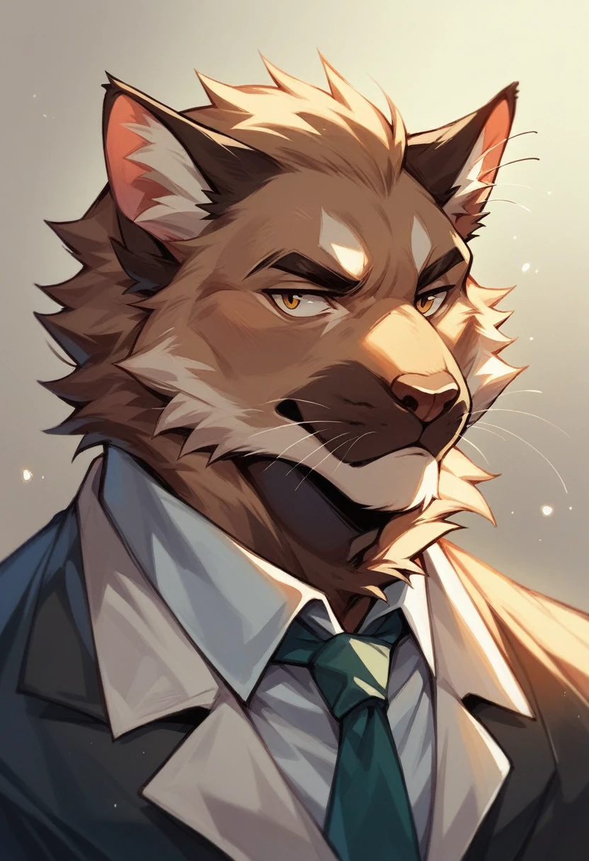 A fluffy cat with brown fur anthropomorphized as a corporate slave salaryman