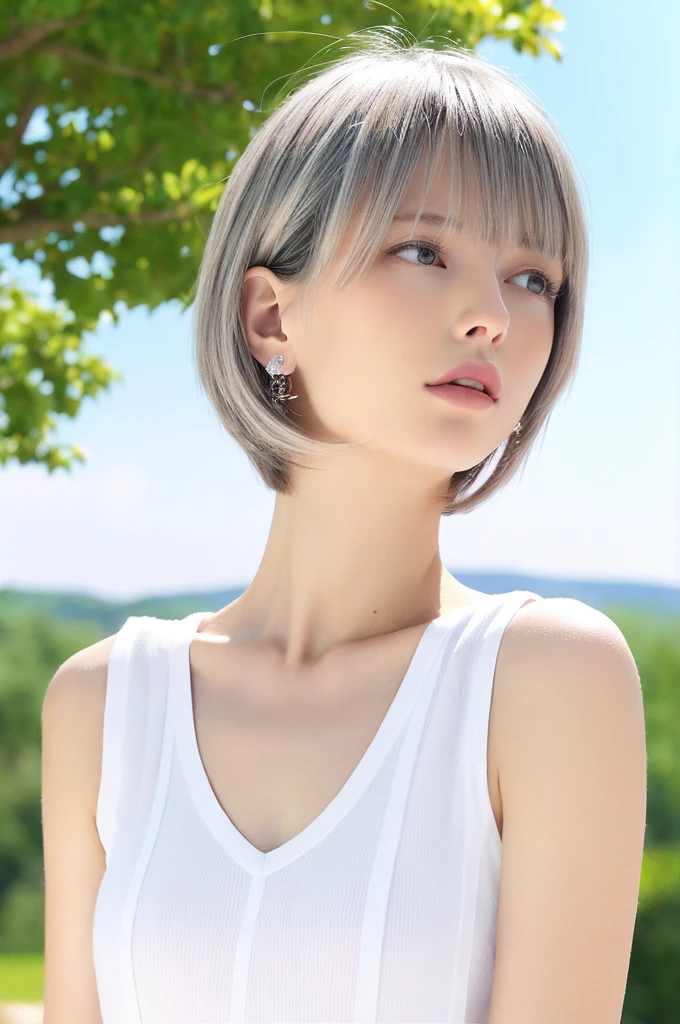 {{a extremely delicate and beautiful girl}}, {{extremely delicate and beautiful girl}}, {{{soft focus}}}, {{{perfect details}}}, {{{detailed and beautiful}}}, close shot, looking away, depthoffield, look up to, beautiful detailed fullbody, longuette, {{{woman}}}, young, very short hair, spiked hair, wept bangs, grey hair, Perfect face, ?, detailed beautiful eyes, white skin, piercing, harajuku fashion, sleeveless shirt, open clothes, landscapes, white background, blurry background, cinematic lighting, flowing transparent white, {{{best masterpiece}}}, {{{best quality}}}, {{{extremely detailed 8K wallpaper}}},
