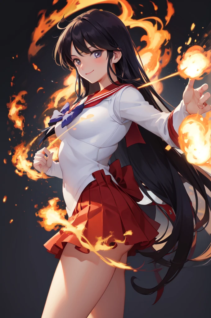 masterpiece, Highest quality, Absurd, Perfect Anatomy, One person, alone, SM Mars, Very long hair, Parted bangs, Sailor Warrior Uniform, Red Sailor Collar, Red Skirt, Elbow hand pockets, Are standing, Cowboy Shot, smile, Cartoon flames in the background, Stylized Background