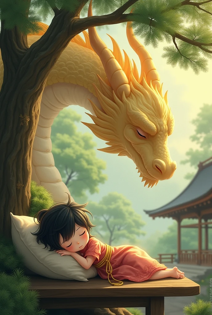 Space black-haired fairy child wearing kimono smiling lying on wooden table sleeping under pine tree in wooden Zen temple in forest,Overlooking the giant golden dragon, it gently protects.