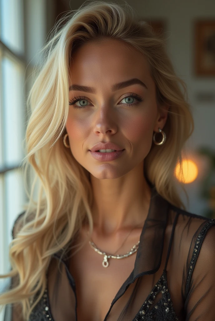 Create a TikTok video featuring a glamorous, sophisticated influencer.
Use smooth transitions, subtle lighting effects and soft music to showcase her charisma and elegance. Be sure to capture close-up shots of her flawless make-up and trendy outfits to inspire your followers. She needs to look good and show off her bodily attributes. She's a blue-eyed blonde with Scandinavian roots.