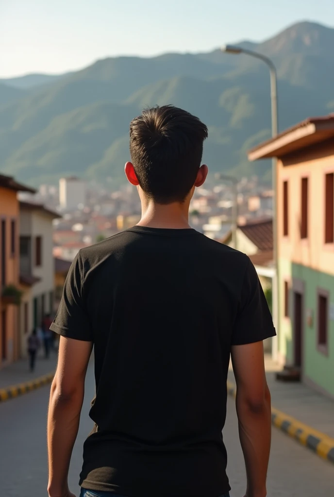Young man with black t-shirt from behind in Azogues, Ecuador