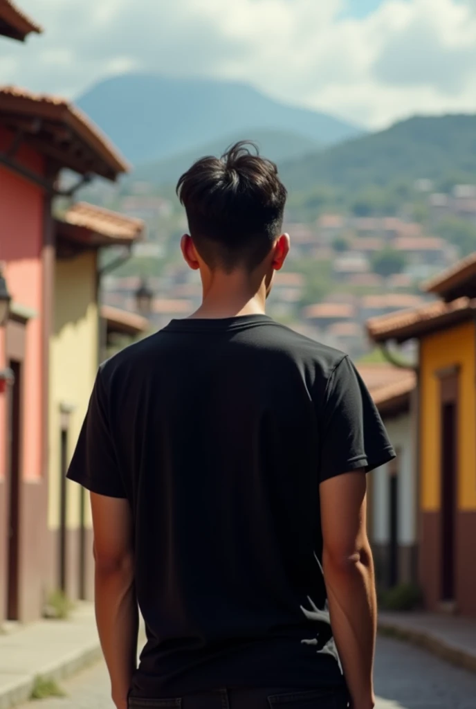 Young man with black t-shirt from behind in Azogues, Ecuador