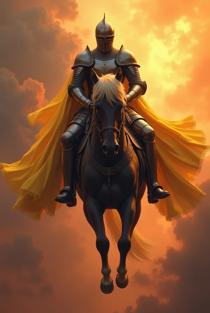 create a realism style image of a knight riding a white horse and white armor with his helmet closed descending from the fiery skies
change the color of the horse and armor to black
change the color of the horse and armor to yellow