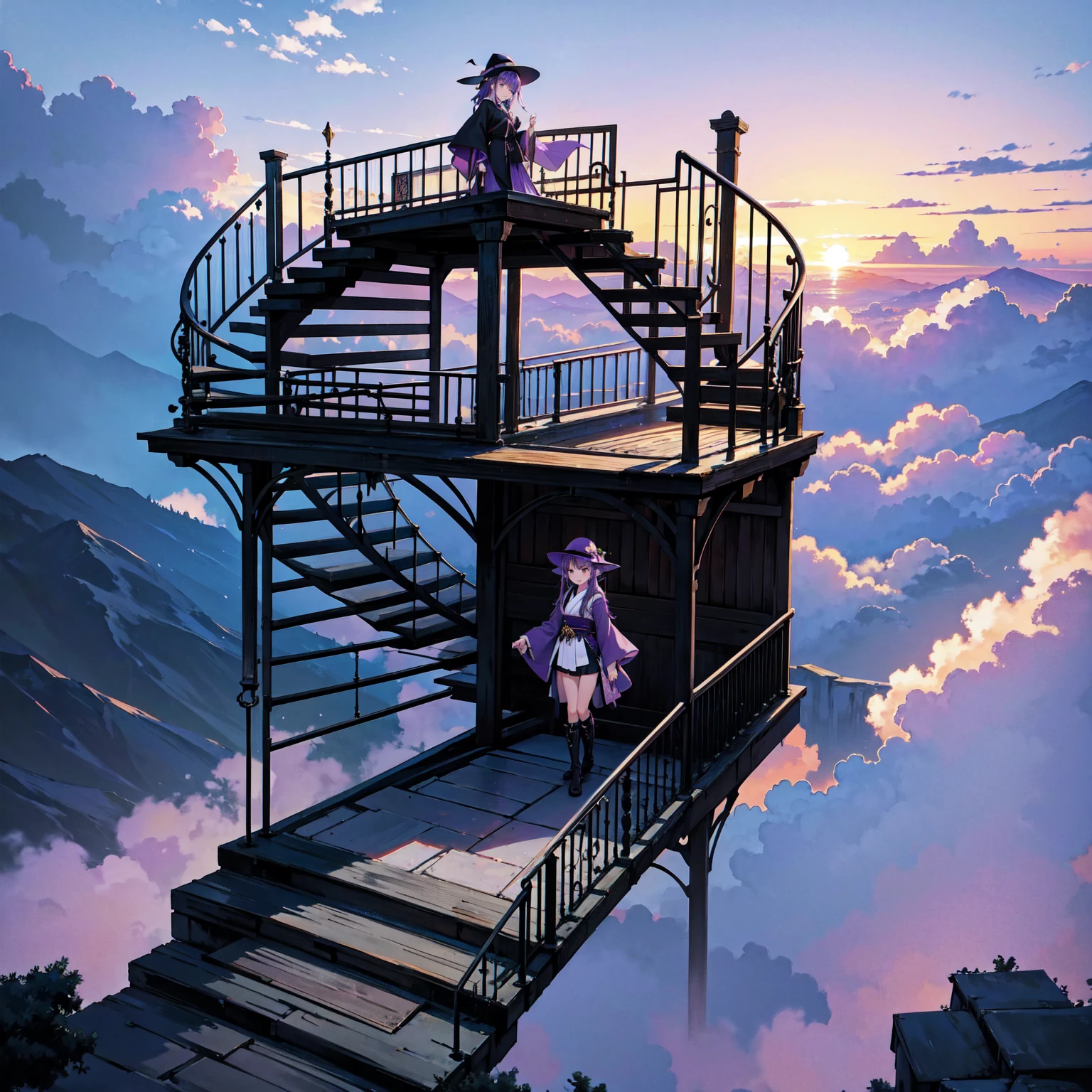 The only structure present in the painting is a simple staircase made of iron. There is no land. There are no walls. The background is nothing but stairs and clouds. A girl with long violet-purple hair. A kind, full smile. Pointy elf ears. Her clothes are simple: a black robe with wide sleeves and a black miniskirt. Her knees are showing. There is a V-shaped white insert in the front, like a kimono. A witch's hat with purple ribbons on each side. Black boots. Background, bright painting, Makoto Shinkai, only endless stairs, stairs above clouds, illustration, nostalgic, vivid, bright, sunset. A maze of connected stairs. A labyrinth of stairs. Not touching land. A simple iron staircase. Decaying old staircase.