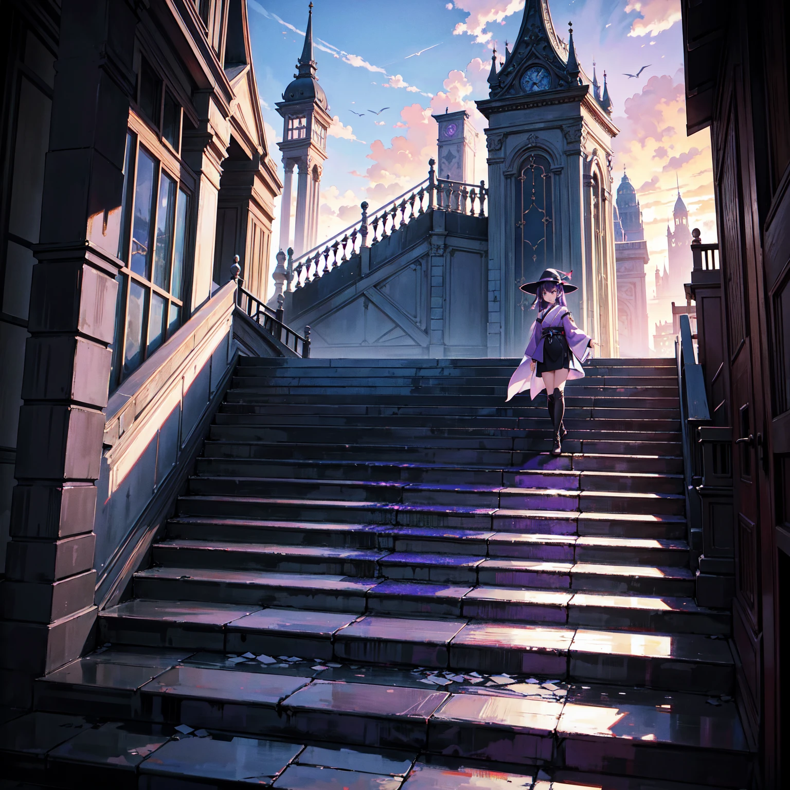 The only structure present in the painting is a simple staircase made of iron. There is no land. There are no walls. The background is nothing but stairs and clouds. A girl with long violet-purple hair. A kind, full smile. Pointy elf ears. Her clothes are simple: a black robe with wide sleeves and a black miniskirt. Her knees are showing. There is a V-shaped white insert in the front, like a kimono. A witch's hat with purple ribbons on each side. Black boots. Background, bright painting, Makoto Shinkai, only endless stairs, stairs above clouds, illustration, nostalgic, vivid, bright, sunset. A maze of connected stairs. A labyrinth of stairs. Not touching land. A simple iron staircase. Decaying old staircase.