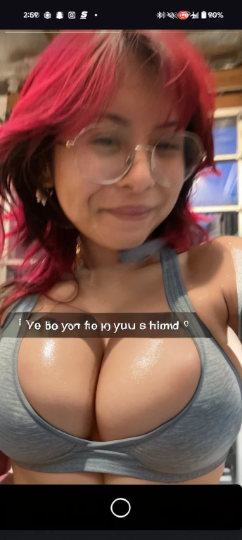 arafed woman with glasses and a gray shirt is looking at the camera, in a gym, working out, mia khalifa, instagram story, wearing fitness gear, chun li at the gym, snapchat story screenshot, in the high school gym, wearing bra, in a planet fitness, very sweaty, local gym, sweaty. steam in air, wearing a low cut tanktop, Big tits, huge tits, no clothes, sexy, cute, minimal clothes, thick nipples, nipple piercings, large areola, hard nipples, piercing through shirt, nipples hard through shirt, busty, major cleavage, naked, ripping through top, spilling over sides, bra too tight, giant , upper body zoom in, showing off huge , see through top, large areola showing, filipina, cute, nipples poking out, huge naked