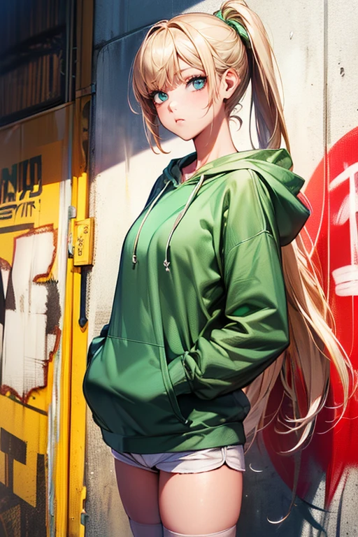 ((Perfect Anatomy:1.5,Realistic,:1.3,RAW Photos:1.3,masterpiece、Highest quality、Ultra - High resolution、High resolution、Extremely detailed CG、8k)),Cowboy Shot,1 female,alone,20 year old beauty,(Beautiful and exquisite face and eyes,Big and beautiful eyes),Dark blue eyes,((Blonde,ponytail,Long Hair,bangs)),(Medium chest,Slender body,Small Head,skinny, Glowing Skin,Oily skin,Glowing Skin)、Standing position,Holding a spray can in your hand、((Light green hooded sweatshirt,Oversized hooded sweatshirt,white_Knee socks, white micro mini shorts、white panties)),Backstreets、Graffiti art、Tokyo、