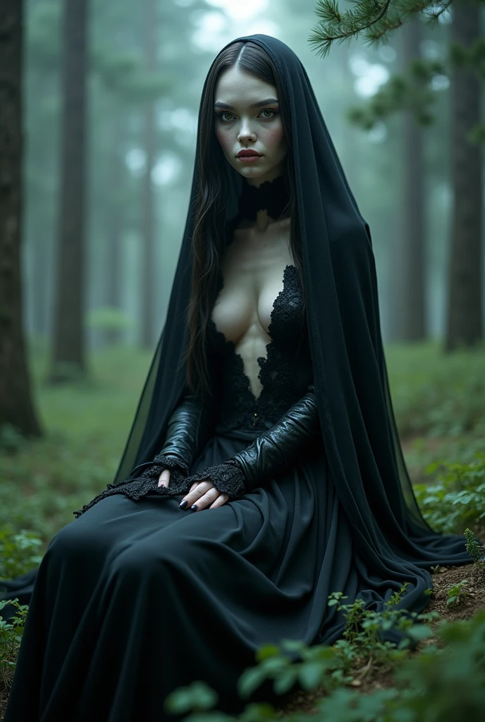 Fashionable of androgynous alien looking witch wearing veil, glowing eyes, beautiful evil slavic muscular woman, pale skin, long hair, light smile, futuristic design, minimal details, givenchy, photoreal, 200mm, hd, f/ 2.0, sitting in a gloomy spruce forest, highly detailed, surreal , drop dead, in the style of red and blue, (intricate details, hyperdetailed:1.15) (skin texture:1.2), cinematic, professional, 4k, (((dynamic model pose))), full body, mesmerizing, dynamic, dramatic, sensual, dynamic pose, highly detailed skin with hair, subcutaneous veins, light and shadow play, highly detailed,24mm photograph, film, bokeh, professional, 4k,