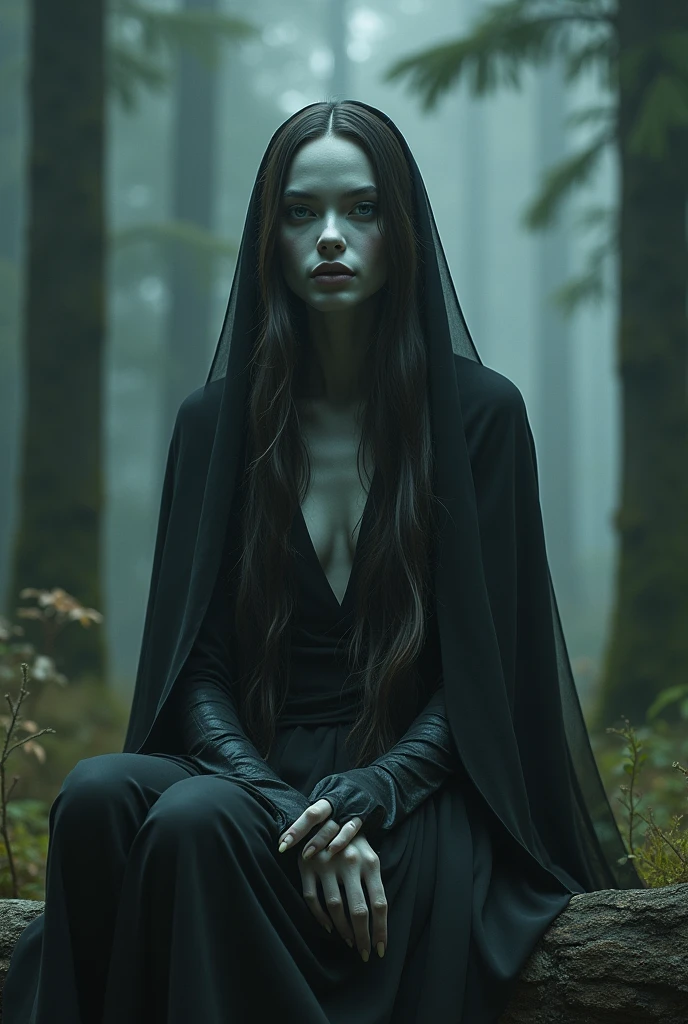 Fashionable of androgynous alien looking witch wearing veil, glowing eyes, beautiful evil slavic muscular woman, pale skin, long hair, light smile, futuristic design, minimal details, givenchy, photoreal, 200mm, hd, f/ 2.0, sitting in a gloomy spruce forest, highly detailed, surreal , drop dead, in the style of red and blue, (intricate details, hyperdetailed:1.15) (skin texture:1.2), cinematic, professional, 4k, (((dynamic model pose))), full body, mesmerizing, dynamic, dramatic, sensual, dynamic pose, highly detailed skin with hair, subcutaneous veins, light and shadow play, highly detailed,24mm photograph, film, bokeh, professional, 4k,