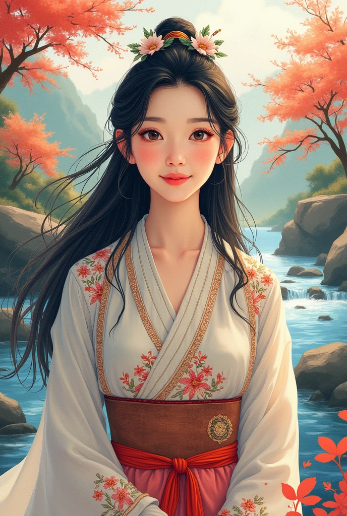 stechu,(white background:1.4), ((tachi-e)), original,(illustration:1.1),(best quality),(masterpiece:1.1),(extremely detailed CG unity 8k wallpaper:1.1), (colorful:0.9),(panorama shot:1.4),(solo:1.2), (ink splashing),(color splashing),((watercolor)), clear sharp focus,{ 1girl standing },((korean style )),flower background,outdoors,rocks, looking at viewer, make happy expressions,soft smile,pure,beautyfull detailed face and eyes,beautyfull intricacy clothing decorative pattern details, black hair,black eyes,colorwater