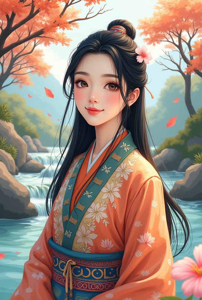 stechu,(white background:1.4), ((tachi-e)), original,(illustration:1.1),(best quality),(masterpiece:1.1),(extremely detailed CG unity 8k wallpaper:1.1), (colorful:0.9),(panorama shot:1.4),(solo:1.2), (ink splashing),(color splashing),((watercolor)), clear sharp focus,{ 1girl standing },((korean style )),flower background,outdoors,rocks, looking at viewer, make happy expressions,soft smile,pure,beautyfull detailed face and eyes,beautyfull intricacy clothing decorative pattern details, black hair,black eyes,colorwater 