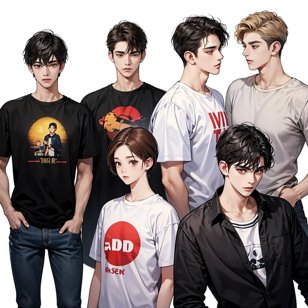 Four boys, black hair, brown eyes, simple background, high resolution, brown hair, stand in a line.., Wear a t-shirt, shut your mouth, handsome, cool,มองตรง
