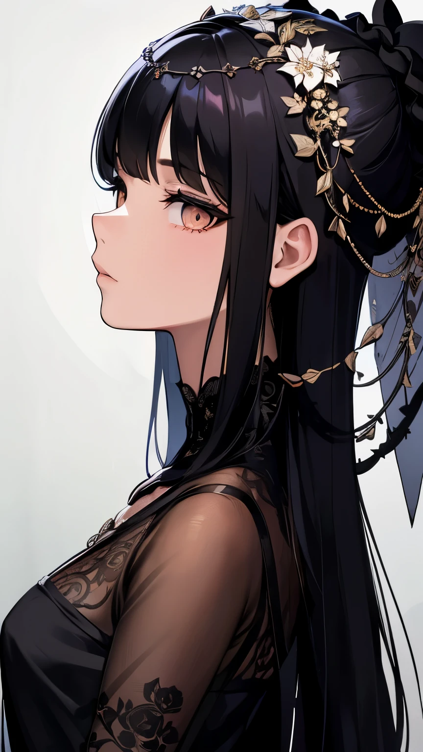 A girl with black hair and white eyes, dressed in dark ,  The background is adorned with intricate patterns of flowers and leaves., with a black color scheme, taken from a low angle shot, with high resolution and high detail, a masterpiece. 