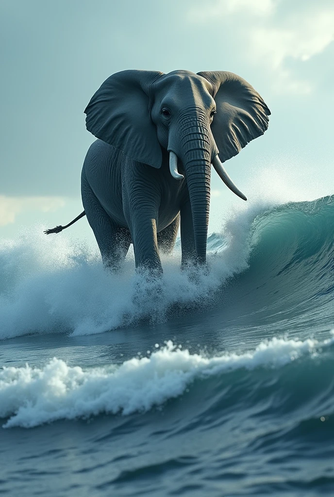 elephant surfing giant waves, UHD, anatomically correct