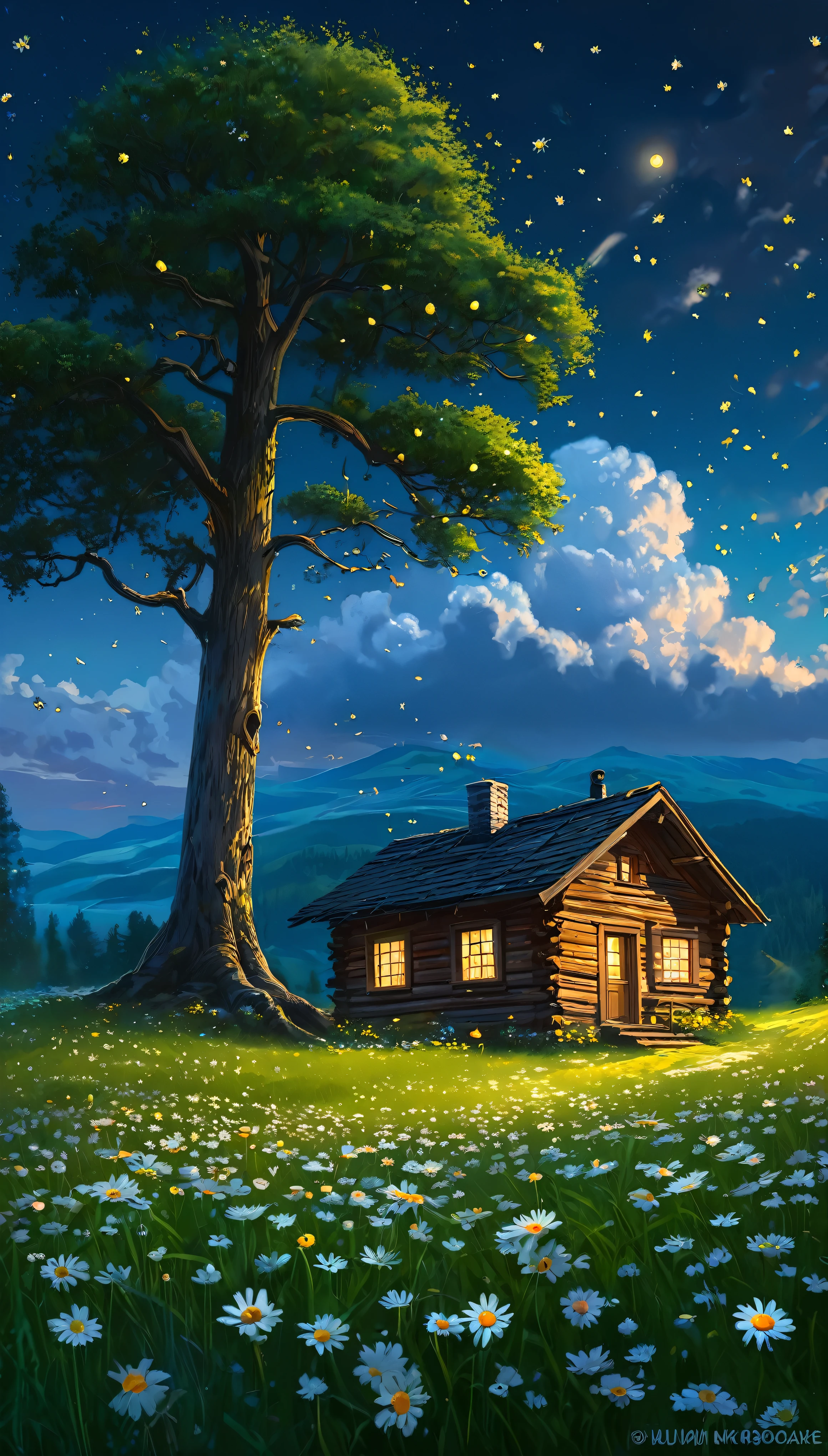 anime-realistic scene of a cabin under a tree, in a field with daisy flowers, that serene night, quiet, clouds, with some small fireflies emerging from the grassland,ULTRA Style Kilian Eng and Thomas Kinkade, Rob Gonsalves and Tim White , silvain sarriel. Rhads and Thomas Kinkade, inspired by RHADS, cyril rolando and m.I&#39;m confused, cyril rolando and m. I&#39;m confused, Rhads!!!, animated background, animated background art, beautiful anime scene, sobre las clouds, Kilian Eng y Thomas Kinkade, Rob Gonsalves y Tim White., silvain sarriel, Rhads y Thomas Kinkade, inspired by RHADS, cyril rolando and m.I&#39;m confused, cyril rolando and m. I&#39;m confused, Rhads!
