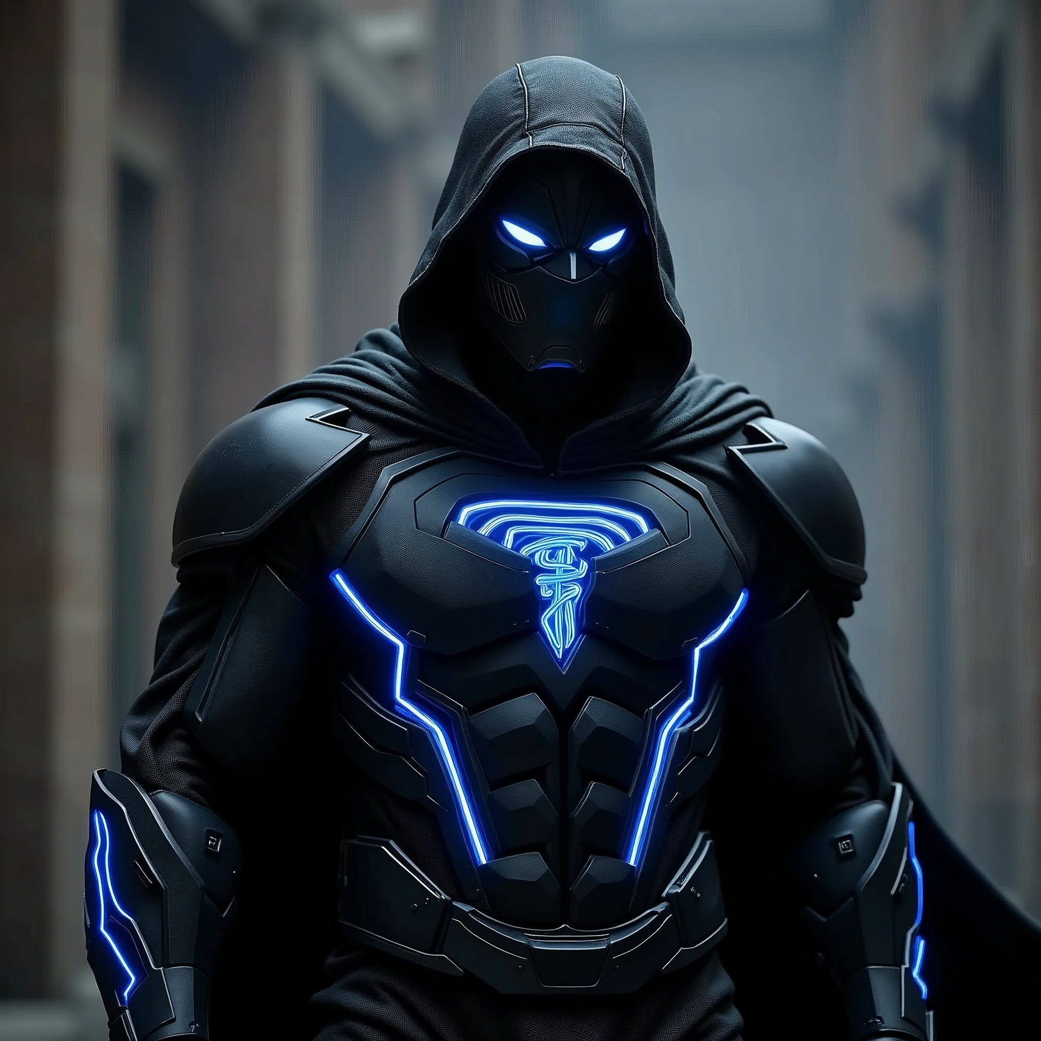 Stealthy armor, superhero, black suit, blue highlights, tornado mask, T logo