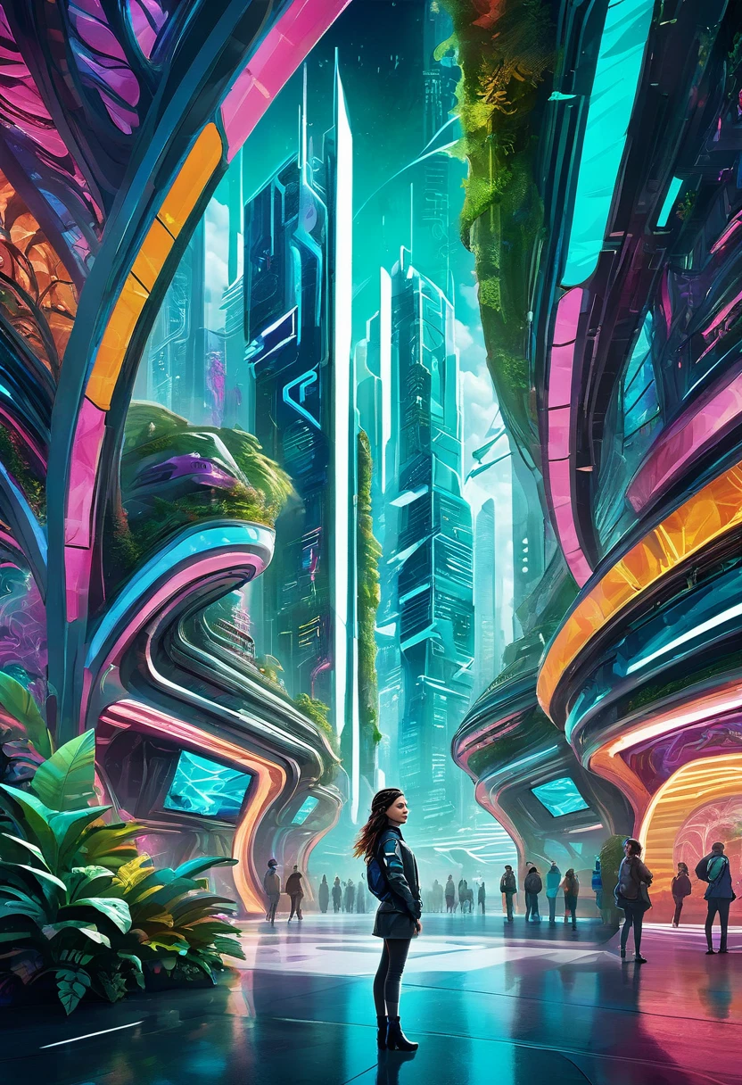 **Prompt:**
A vibrant, futuristic cityscape featuring a sleek, modern building with bold, dynamic architecture. A girl stands in the foreground, gazing at the colorful environment around her, where neon lights, lush greenery, and advanced technology blend seamlessly. The scene captures a sense of wonder and optimism, with bright, vivid colors and intricate details, combining elements of futurism and digital art —ar 2:3 —q 2 —v 5.1.