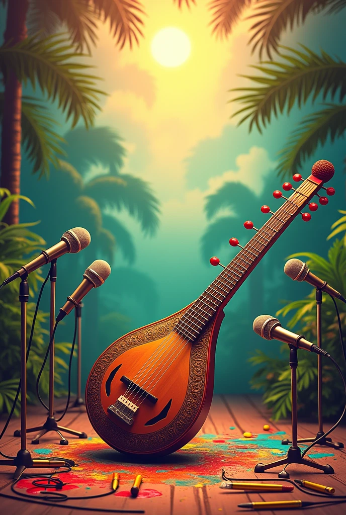 Please generate a poster background with instrument Veena, a microphone, a girl dancing mohiniyattam , a painting brush please include all these as background images maybe like watermark.. everything happening at different places different stages please add Kerala touch the kalolsavan thingy do not make it look ai generated make it look natural please add more microphones and paint brushes and paint please don't hilight the gilr who is dancing just keep her to the side.. please remove the girl