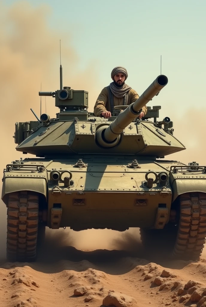 A Muslim guy in with islamic cultural cap in Army tank running