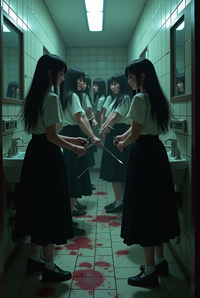 長い黒のスカートと長い髪をした笑顔の女子生徒のグループが、A group of smiling schoolgirls with long black skirts and long hair are stabbing each other with knives on the bathroom floor, Blood splatter, Dark atmosphere, Cinema Lighting, Atmospheric and realistic, close