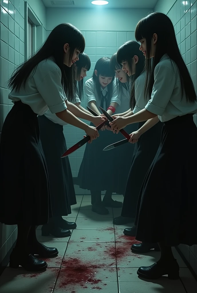 長い黒のスカートと長い髪をした笑顔の女子生徒のグループが、A group of smiling schoolgirls with long black skirts and long hair are stabbing each other with knives on the bathroom floor, Blood splatter, Dark atmosphere, Cinema Lighting, Atmospheric and realistic, close