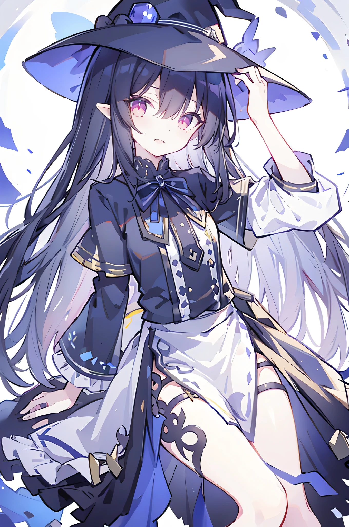 oung Girls,Humanity,A magician always smiles,big witch hat,cute,dark blue long hair,The eyes are dull,The bangs are heavy,Thin eyebrows,fantasy,intake,Double teeth,Star Theme,Constellation pattern,Solid color clothetal decoration,cloak,A bit of a dark atmosphere,A little crazy smile,When the big moon shines outside at night,blood,Hair black star embellishment,Short tie,No nails,High waist skirt,Bell sleeves,Long-sleeved shirt,Black tie,low risk,gentlemen。Mist、Yellow and white effect,Shocking pink as an accent color