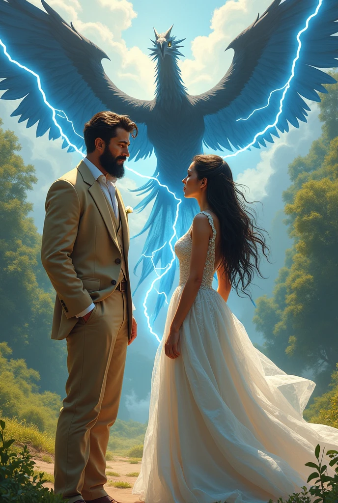 Univers pokémon. Un homme brun barbu à la peau mate en costume beige. Une femme brune en robe de marié. Pokémon zapdos