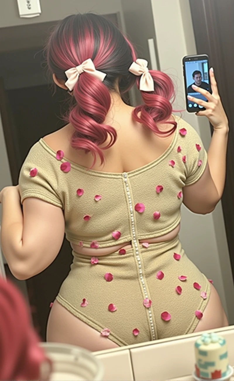 woman with pink hair taking a picture of herself in the mirror, wearing pink hair bow, pigtails, colorful pigtail, wearing underwear, with pink hair, wearing pink panties, back of the hair, roses in her hair, pink hair covered with hairpins, view from the back, curvy and bow, shot from the back, thick bow, insanely inflated hips, beautiful girl, big ass, huge ass, bbw, from behind, thick, thick thighs, wide hips, bbw, big , sideboob, giant ass, side view, big butt, round butt, tight underwear, underwear halfway off, underwear taking off, grabbing ass, ass spilling over underwear, too thick for clothes, side angle, chubby stomach, big , filipina, naked fat ass on sink riding a dildo