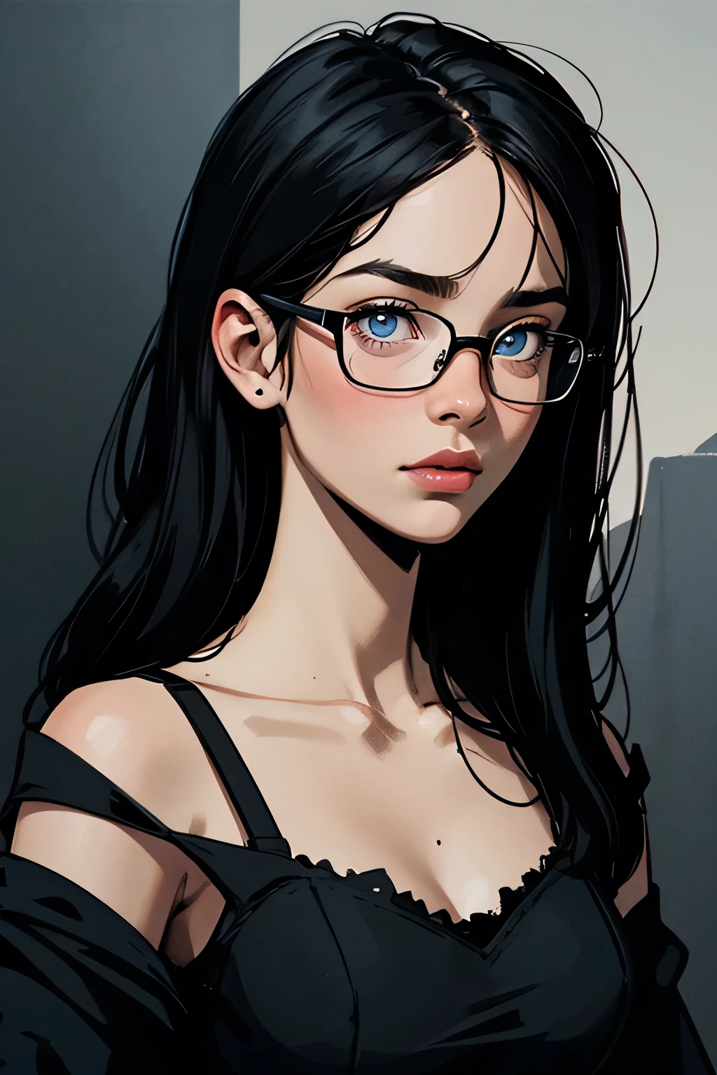 1girl, solo, young woman, 22 years, black hair, straight hair, glasses, Russian, ultra-textured pale skin, blue eyes, black top, medium breasts black background, portrait, glowing eyes, by vergvoktre, dramatic, gritty, intense, distorted face, nightmare, intricate details, hyperdetailed, cinematic, dark shot, film grainy, soothing tones, muted colors, technicolor
BREAK
outdoors, twilight, raytracing BREAK
d4rk4rt artstyle, monochrome, greyscale