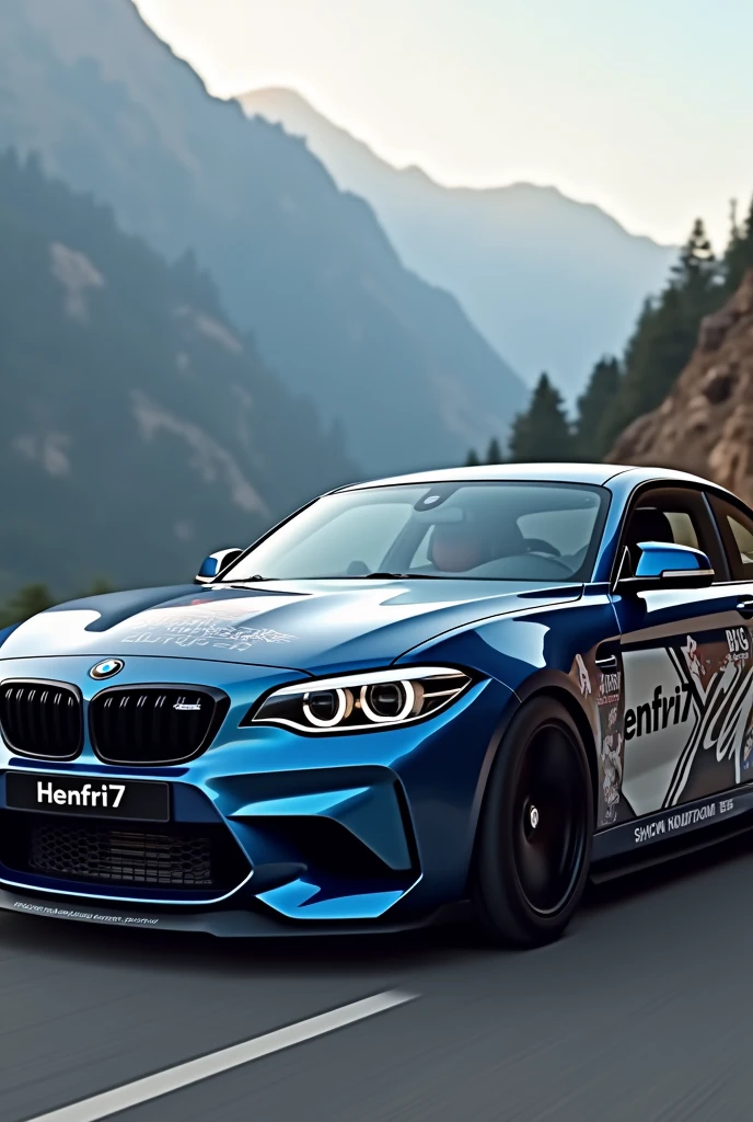 Create a bmw1 , make a nice pattern with blue, black, grau, White Colors, on the sides a large sticker, on the license plate "Henfri7