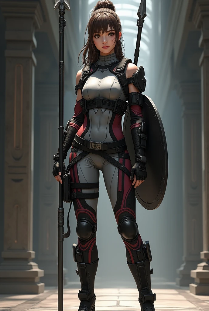 A tall woman. Athletic and well-defined figure. Oval face with firm and well-defined features. High and defined cheekbones, serene expression. Large dark brown eyes. look closely. Long, wavy hair, brown in color, kept tied in a bun. small straight nose. Full, well-designed lips, often adorned with a neutral-colored lipstick. Your skin is clear and even, with a rosy hue. Doesn't have many visible marks or scars, except for fine scars on her arms and hands. She wears a body-hugging combat suit, made from a lightweight material, Flexible and durable. The suit is black with dark red details, designed to allow maximum mobility and discretion. Has hidden pockets and compartments for storing small tools and weapons. She wears black combat boots that reach halfway up her calf, with non-slip soles and reinforced tips for additional protection. black fingerless gloves, made from the same durable material as the suit, providing better grip on her daggers and surfaces. A black belt with various pouches and compartments for storing additional daggers, smoke grenades, and other tactical equipment. Her spear is long and sharp, with a tempered steel blade and a reinforced handle. Her shield is sturdy, made of an impact-resistant material, com detalhes em prata e azul. The spear is carried on a strap on her back, while the shield is strapped to her left arm. A small device attached to her ear. A dark blue headband. calm and determined expression. She displays a slight friendly smile. Hall in the background. anime styling.