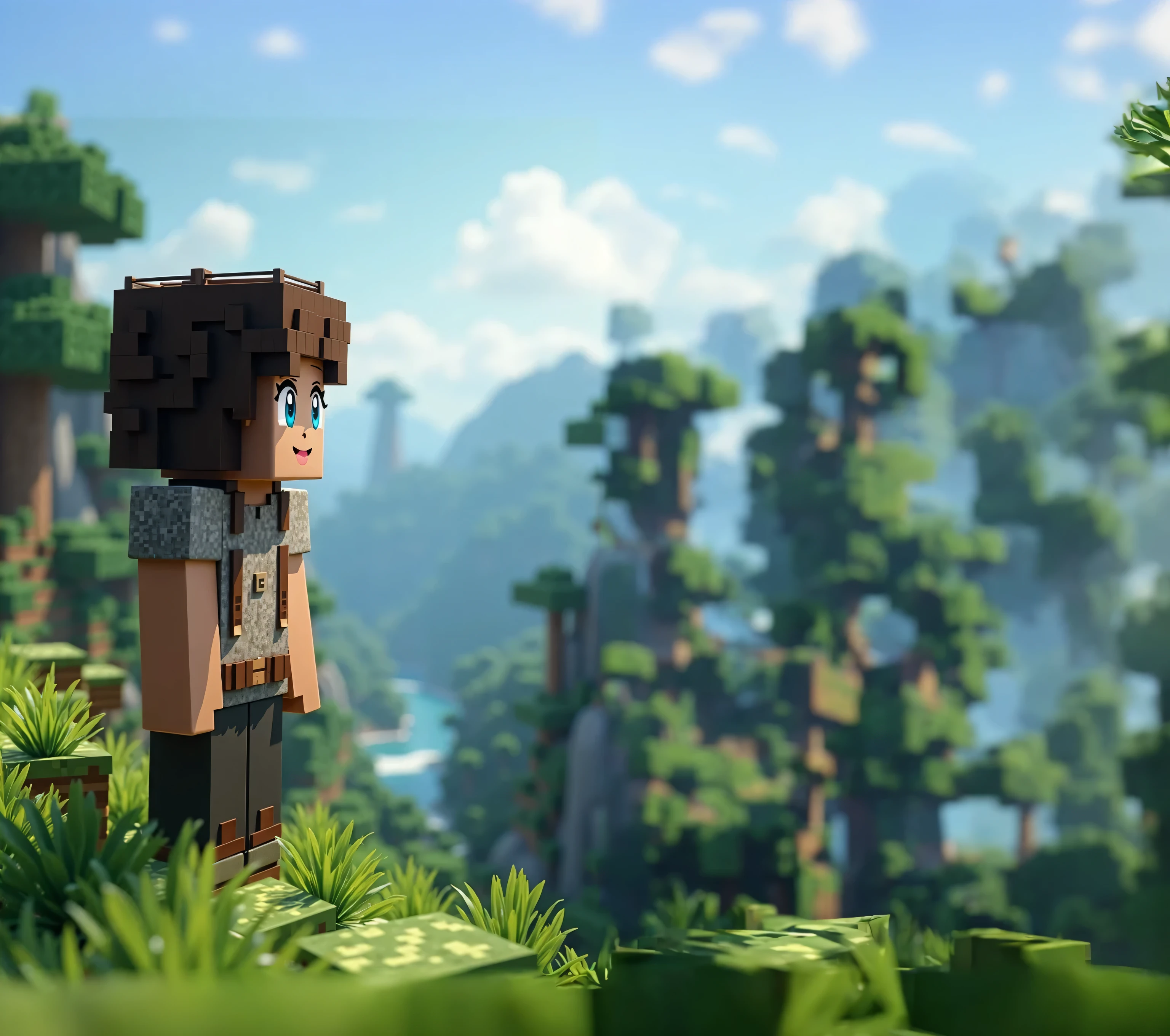 a beautiful 1girl with long brown hair wearing a green dress, standing in a lush minecraft-inspired fantasy landscape, volumetric lighting, vivid colors, highly detailed, cinematic composition, unreal engine, 8k, photorealistic