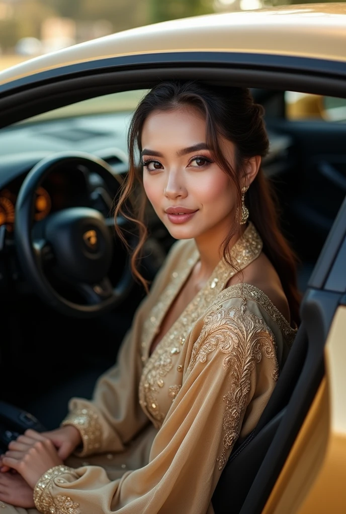 image of a 25-year-old woman who looks like Ayeza Khan, with fair skin, hazel eyes, and noticeable dimples. She is dressed in an elegant,Eastern outfit with no skin showing. She is sitting inside a Lamborghini, and the full luxury car is prominently displayed in the scene, showcasing its sleek design and interior features."