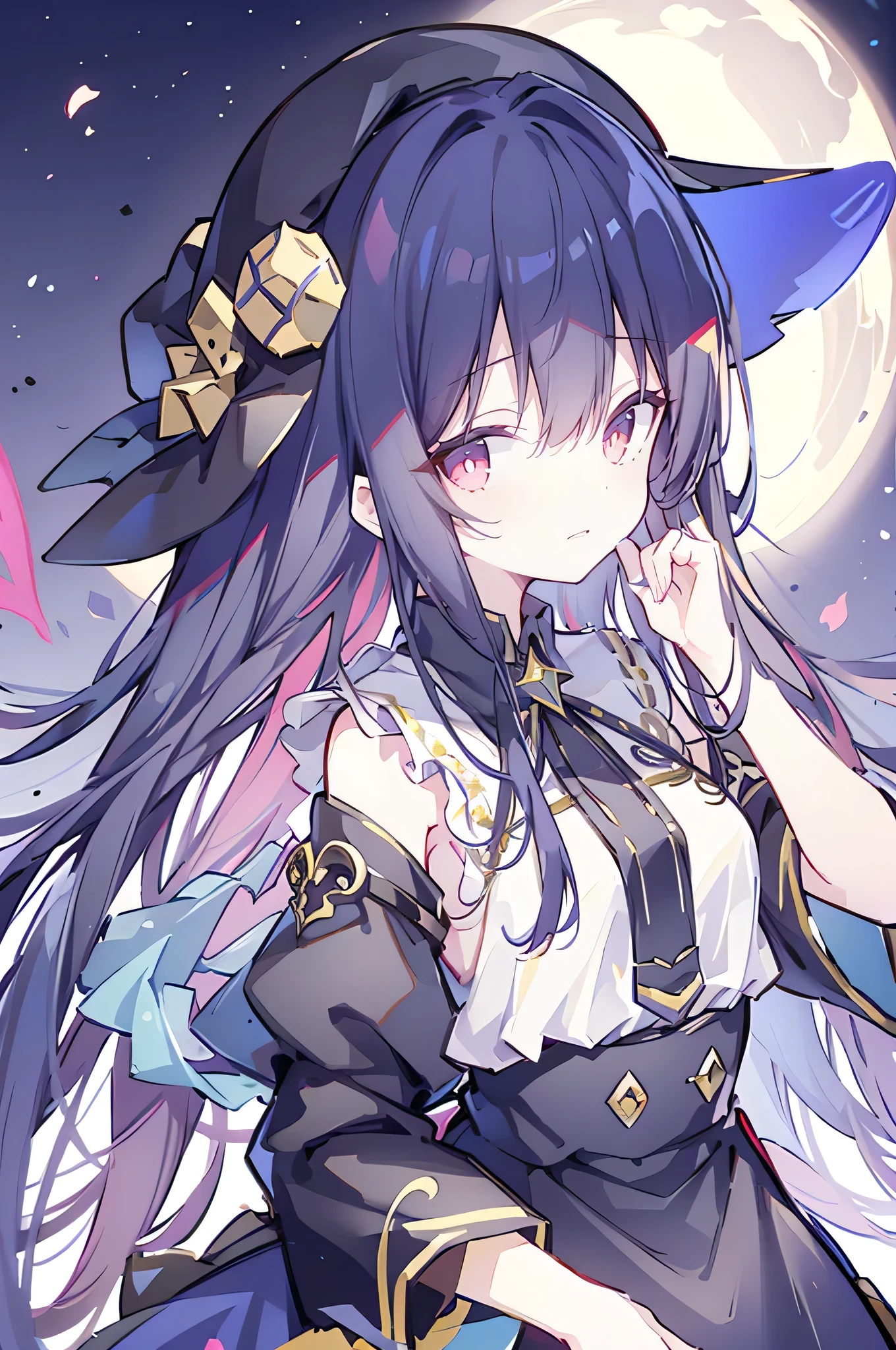 oung Girls,Humanity,A magician always smiles,big witch hat,cute,dark blue long hair,The eyes are dull,The bangs are heavy,Thin eyebrows,fantasy,intake,Double teeth,Star Theme,Constellation pattern,Solid color clothetal decoration,cloak,A bit of a dark atmosphere,A little crazy smile,When the big moon shines outside at night,blood,Hair black star embellishment,Short tie,No nails,High waist skirt,Bell sleeves,Long-sleeved shirt,Black tie,low risk,gentlemen。Mist、Yellow and white effect,Shocking pink as an accent color