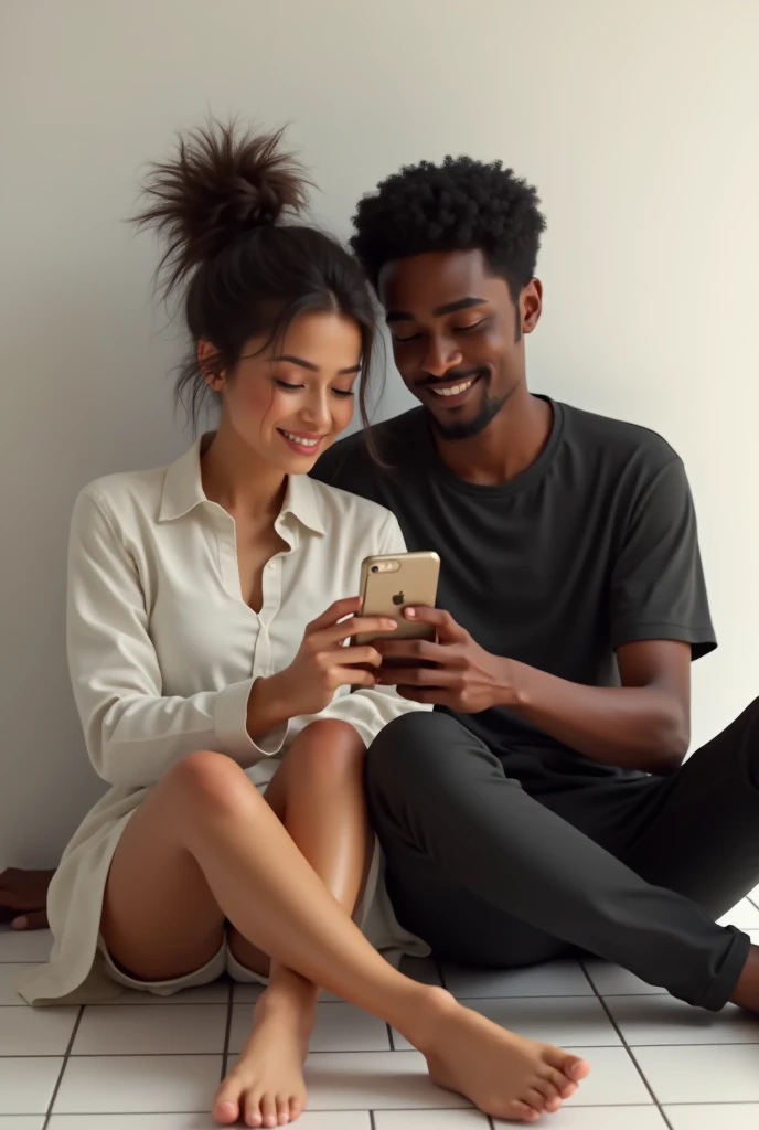 A ccouple sitting on the floor. Girl stiing in between boy's legs. Girl wearing a long white shirt and a short and has a messy top hair bun. Boy wearing a black shirt and a trouser. Girl is fair but biy has a broen skin. Both sitting facing same direction (not looking at eachother)
Both are smiling for a selfie looking at one phone which is on the left side of them both. (I need the selfie )
Background : a home : white walls, white tiles on the floor.