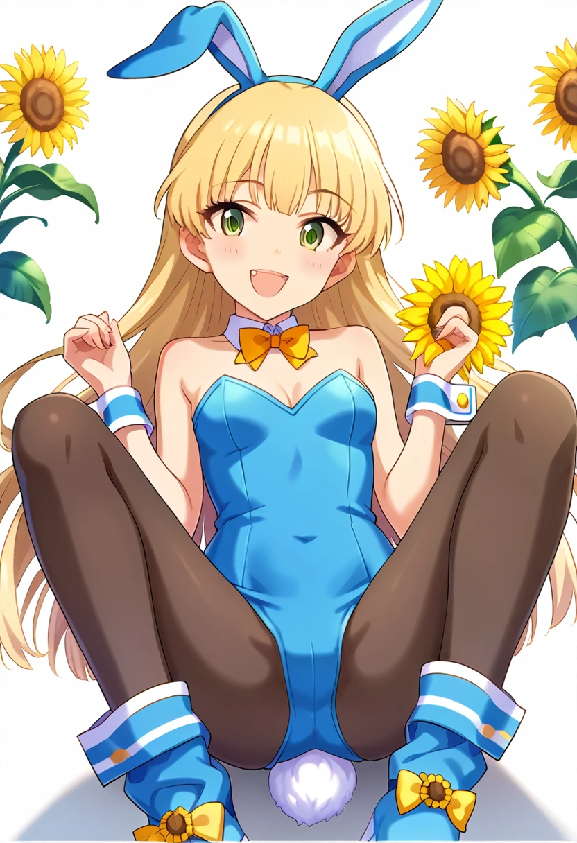 score_9, score_8_superior, score_7_superior, sauce_anime BREAK pinsuperior of 1girl, Gusuku Kuruku, , Long Hair, Blonde, Blue rabbit ears, Sunflower hair ornament, two side superior, bangs, Green Eyes, blush, Open your mouth, smile, Detachable white collar, orange bowtie, clavicle, Exposing shoulders, Small breasts, Cleavage, Blue Playboy Bunny, White wrist cuffs, Blue strapless leotard, White rabbit tail, Black Pantyhose, Blue footwear, Spread your legs wide,Showing your crotch to the audience, View your viewers, alone, Simple Background, White Background,