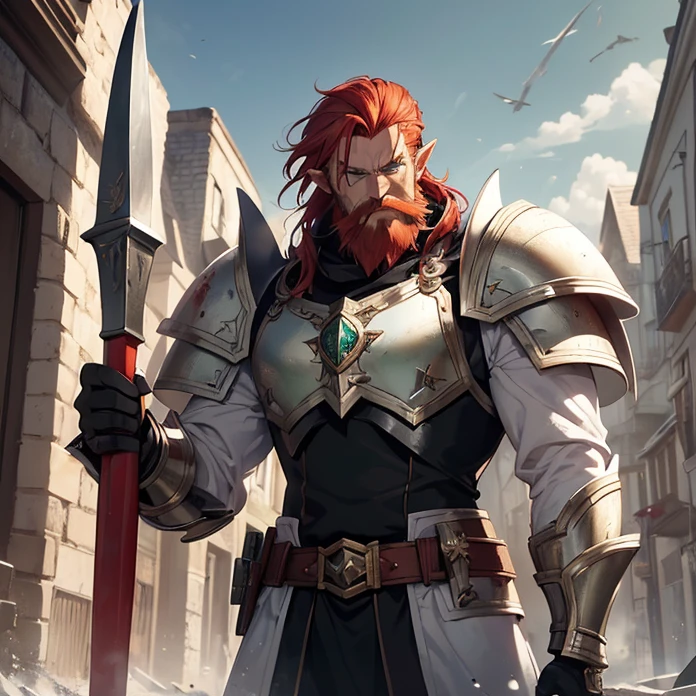 High Resolution, Anime, Character Design, Digital Art, HD, Best Quality, Masterpiece, Super Detailed, high fantasy, “warhammer 40.000 aesthetic”
{{character:900 years old male mature red-haired elf lord;(green eyes, fair skin, mediumlentgh red hair tied in a short tail with a ring, absolute masculine handsome elder, vert short red haired beard, sharp nose, closed mouth, serious expression, short pointy ears),(male white elvish power-super-armornoble jacket,white shoulderplates,white arms armor, white gauntlets, white belt, white hip armor, white inferior armor, white legs armor, white armored boots, white helmet with a winged crest, silver necklace),(holding a blue warhammer with left hand, holding an axe with right hand, violent and wrathful demeanor, fighting around and bloody),(big danish city at war, sunny morning, fire around the houses and buildings, elvish soldiers fighting each other at a civil war)}}