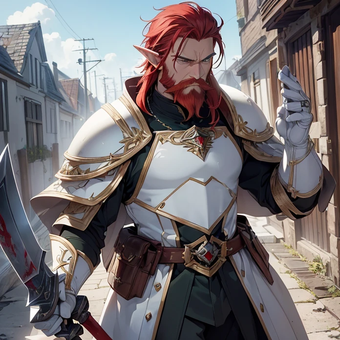 High Resolution, Anime, Character Design, Digital Art, HD, Best Quality, Masterpiece, Super Detailed, high fantasy, “warhammer 40.000 aesthetic”
{{character:900 years old male mature red-haired elf lord;(green eyes, fair skin, mediumlentgh red hair tied in a short tail with a ring, absolute masculine handsome elder, vert short red haired beard, sharp nose, closed mouth, serious expression, short pointy ears),(male white elvish power-super-armornoble jacket,white shoulderplates,white arms armor, white gauntlets, white belt, white hip armor, white inferior armor, white legs armor, white armored boots, white helmet with a winged crest, silver necklace),(holding a blue warhammer with left hand, holding an axe with right hand, violent and wrathful demeanor, fighting around and bloody),(big danish city at war, sunny morning, fire around the houses and buildings, elvish soldiers fighting each other at a civil war)}}