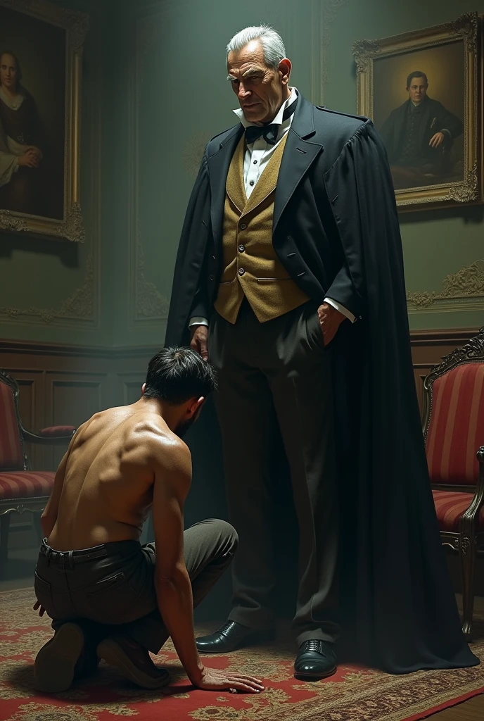 A weak man apologizes to a rich landlord, Beggs for mercy.  
