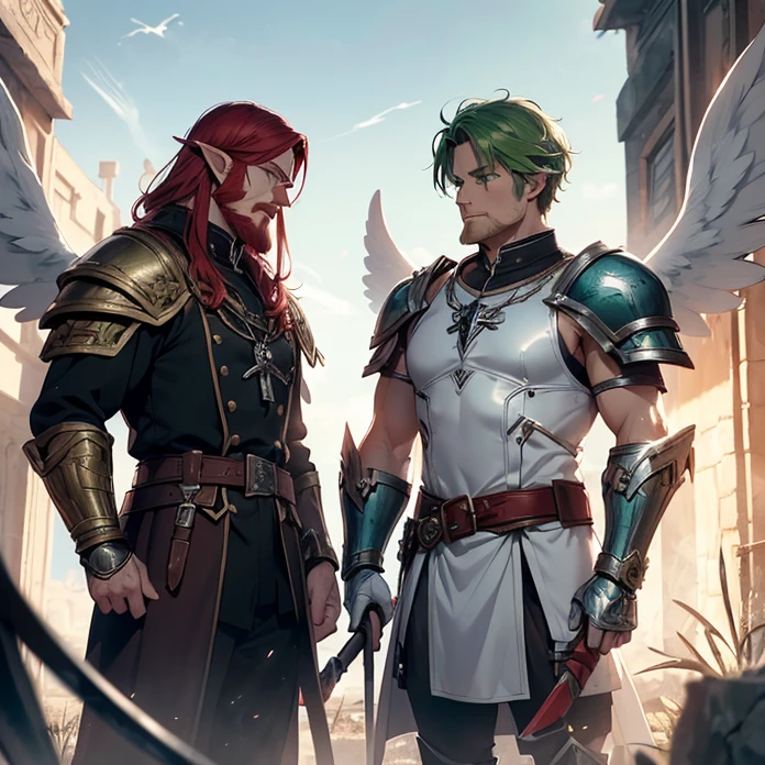 High Resolution, Anime, Character Design, Digital Art, HD, Best Quality, Masterpiece, Super Detailed, high fantasy, “warhammer 40.000 aesthetic”
{{character:900 years old male mature red-haired elf lord;(green eyes, fair skin, mediumlentgh red hair tied in a short tail with a ring, absolute masculine handsome elder, vert short red haired beard, sharp nose, closed mouth, serious expression, short pointy ears),(male white elvish power-super-armornoble jacket,white shoulderplates,white arms armor, white gauntlets, white belt, white hip armor, white inferior armor, white legs armor, white armored boots, white helmet with a winged crest, silver necklace),(holding a blue warhammer with left hand, holding an axe with right hand, violent and wrathful demeanor, fighting around and bloody),(big danish city at war, sunny morning, fire around the houses and buildings, elvish soldiers fighting each other at a civil war)}}