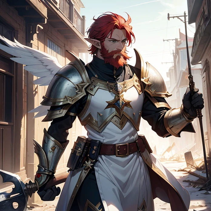High Resolution, Anime, Character Design, Digital Art, HD, Best Quality, Masterpiece, Super Detailed, high fantasy, “warhammer 40.000 aesthetic”
{{character:900 years old male mature red-haired elf lord;(green eyes, fair skin, mediumlentgh red hair tied in a short tail with a ring, absolute masculine handsome elder, vert short red haired beard, sharp nose, closed mouth, serious expression, short pointy ears),(male white elvish power-super-armornoble jacket,white shoulderplates,white arms armor, white gauntlets, white belt, white hip armor, white inferior armor, white legs armor, white armored boots, white helmet with a winged crest, silver necklace),(holding a blue warhammer with left hand, holding an axe with right hand, violent and wrathful demeanor, fighting around and bloody),(big danish city at war, sunny morning, fire around the houses and buildings, elvish soldiers fighting each other at a civil war)}}