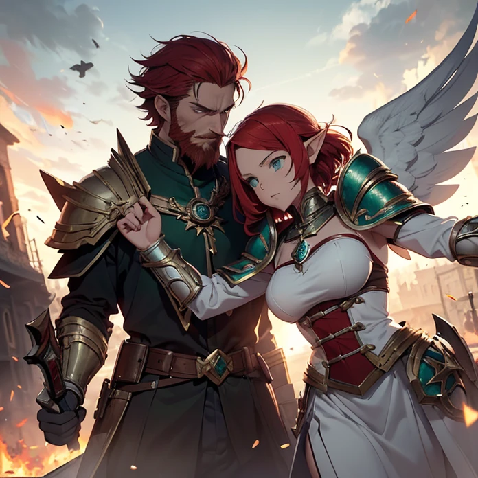 High Resolution, Anime, Character Design, Digital Art, HD, Best Quality, Masterpiece, Super Detailed, high fantasy, “warhammer 40.000 aesthetic”
{{character:900 years old male mature red-haired elf lord;(green eyes, fair skin, mediumlentgh red hair tied in a short tail with a ring, absolute masculine handsome elder, vert short red haired beard, sharp nose, closed mouth, serious expression, short pointy ears),(male white elvish power-super-armornoble jacket,white shoulderplates,white arms armor, white gauntlets, white belt, white hip armor, white inferior armor, white legs armor, white armored boots, white helmet with a winged crest, silver necklace),(holding a blue warhammer with left hand, holding an axe with right hand, violent and wrathful demeanor, fighting around and bloody),(big danish city at war, sunny morning, fire around the houses and buildings, elvish soldiers fighting each other at a civil war)}}