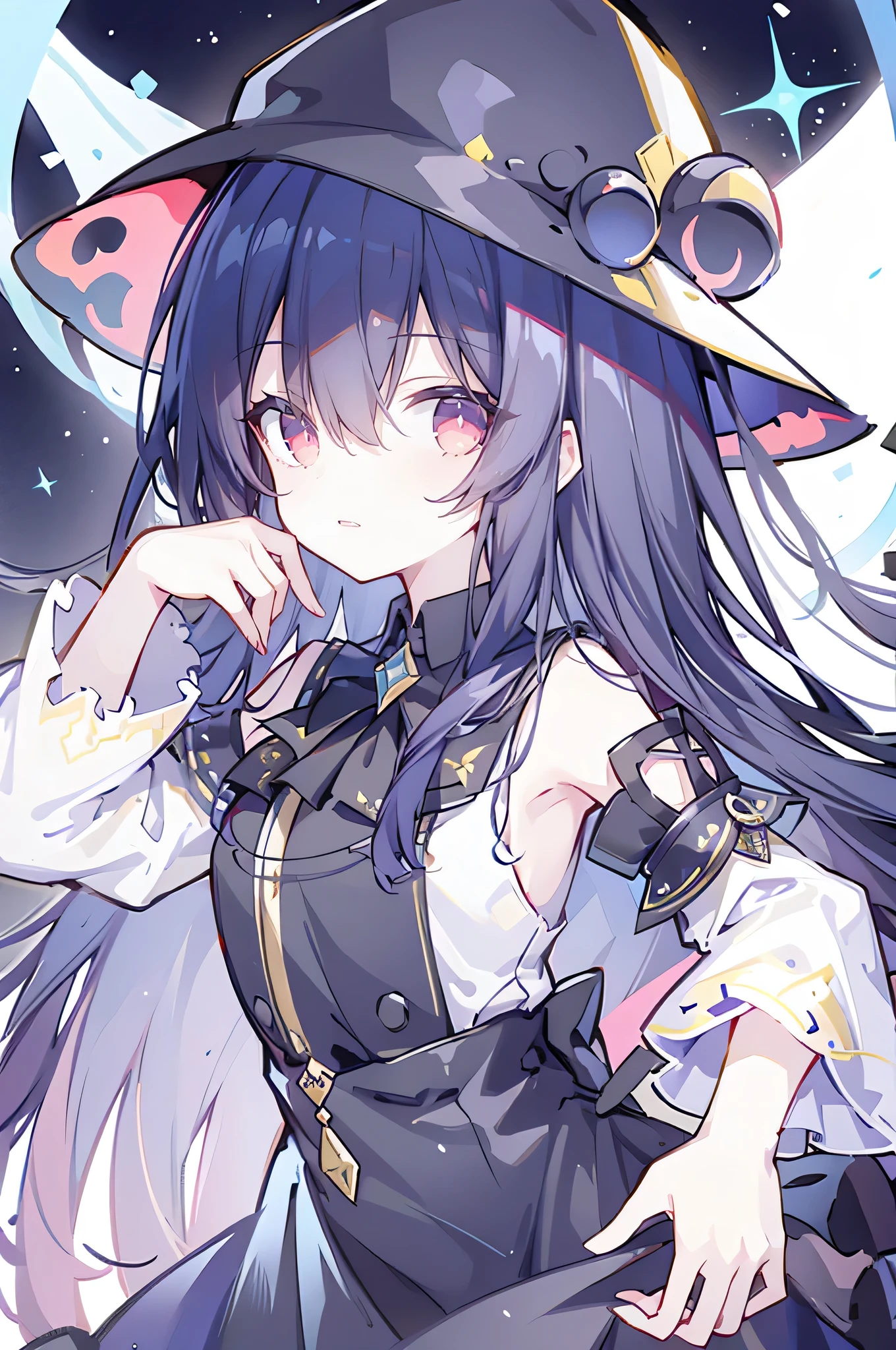 oung Girls,Humanity,A magician always smiles,big witch hat,cute,dark blue long hair,The eyes are dull,The bangs are heavy,Thin eyebrows,fantasy,intake,Double teeth,Star Theme,Constellation pattern,Solid color clothetal decoration,cloak,A bit of a dark atmosphere,A little crazy smile,When the big moon shines outside at night,blood,Hair black star embellishment,Short tie,No nails,High waist skirt,Bell sleeves,Long-sleeved shirt,Black tie,low risk,gentlemen。Mist、Yellow and white effect,Shocking pink as an accent color